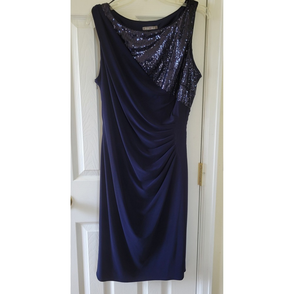Roz & Ali Dress Size 16 Navy Sequined Ruched Round Neck Asymmetric‎ Sheath Lined